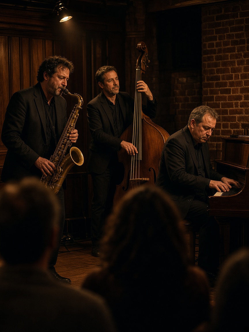 Jazzband spielt gemeinsam auf einer kleinen Bühne